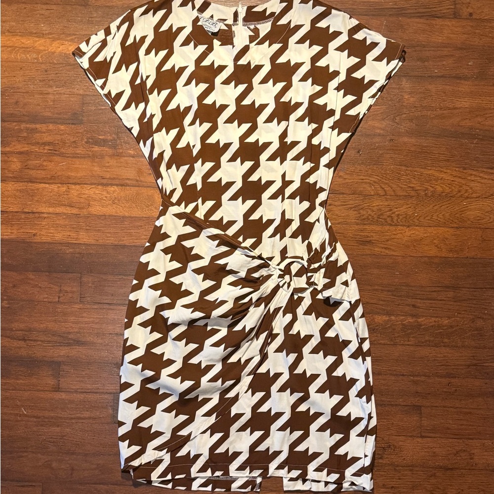 VTG 80s Brown & White Houndstooth Patterned Mini Dress